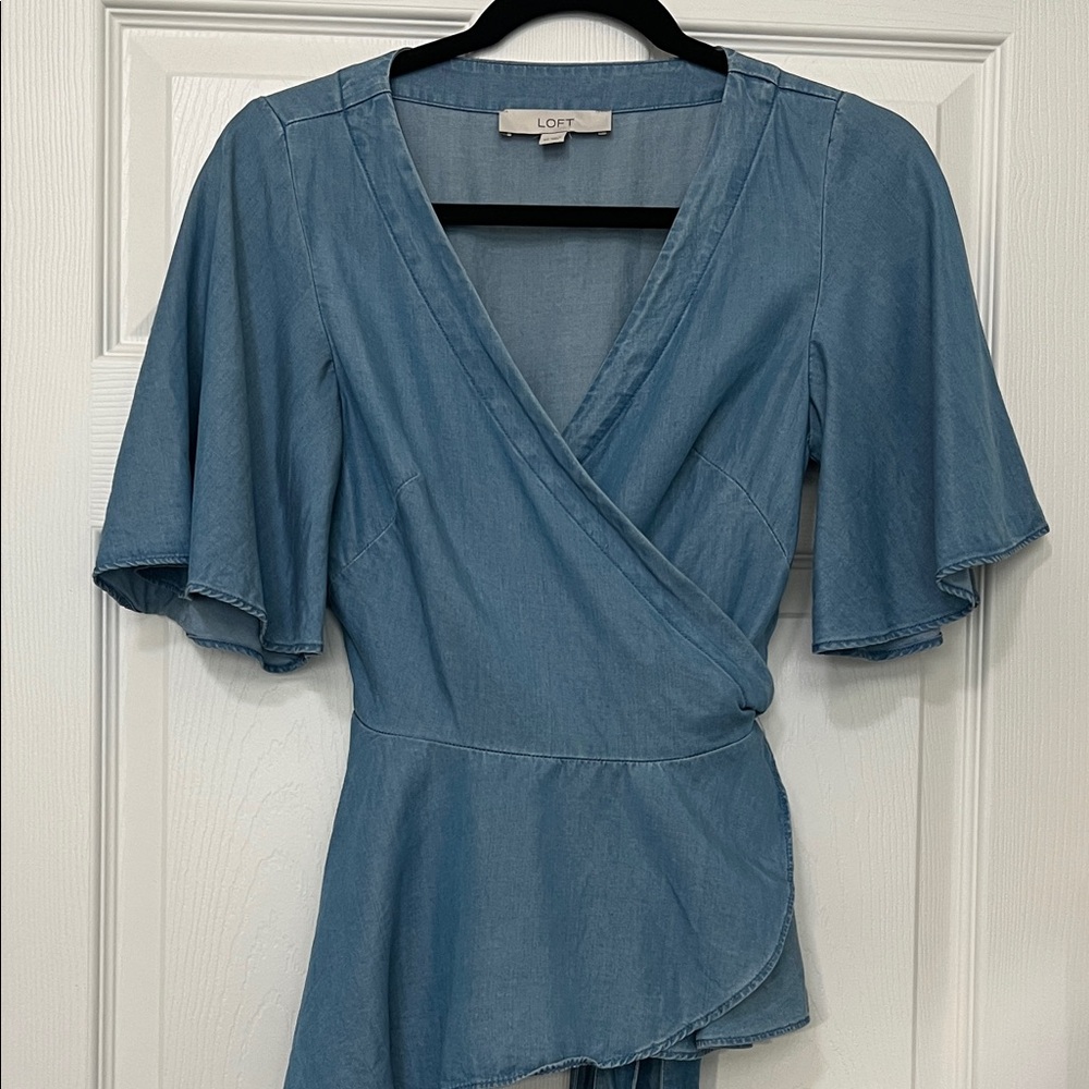 LOFT Denim Blue Flutter Sleeve Wrap Blouse